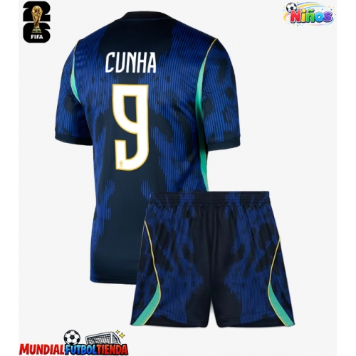 Camiseta Brasil Matheus Cunha #9 Segunda Equipación Replica Mundial 2026 para niños mangas cortas (+ Pantalones cortos)